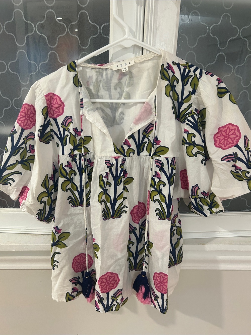 THML White Top with Pink Floral & Green Foliage Print